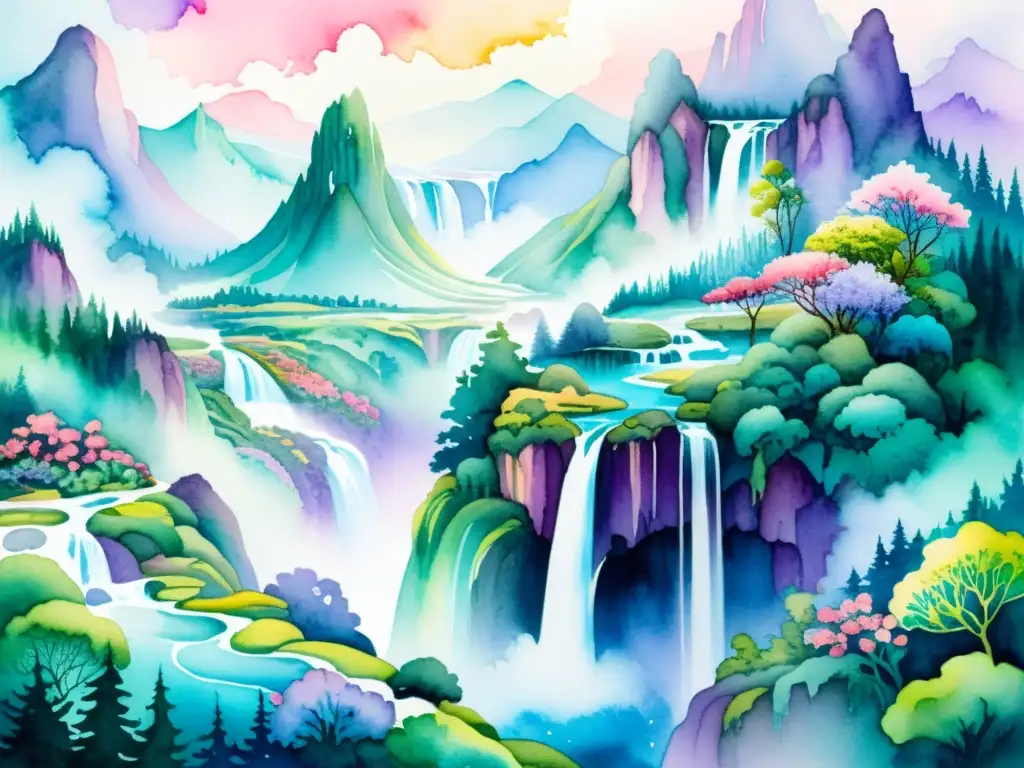 Reino surrealista: paisaje de ensueño en acuarela Una pintura acuarela vibrante que representa un paisaje surrealista con estructuras imponentes que se transforman en flores y cascadas