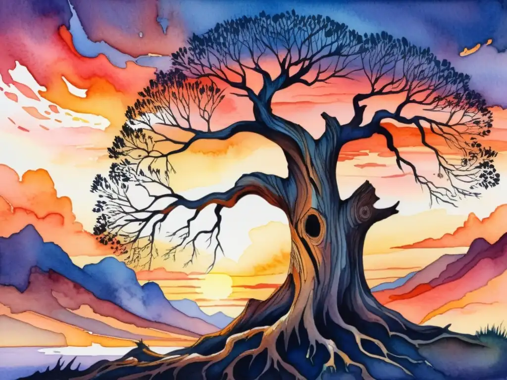 Una pintura acuarela de un viejo árbol arrugado, con sus ramas retorcidas en un atardecer vibrante, emanando sabiduría y resistencia