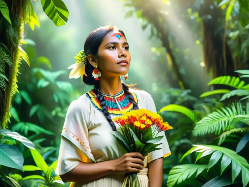 Una pintura acuarela vívida de una mujer indígena en la selva, sosteniendo un ramo de flores silvestres