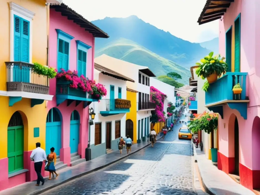 Una pintura al agua de una animada calle en una histórica ciudad Iberoamericana, llena de coloridos edificios coloniales y flores