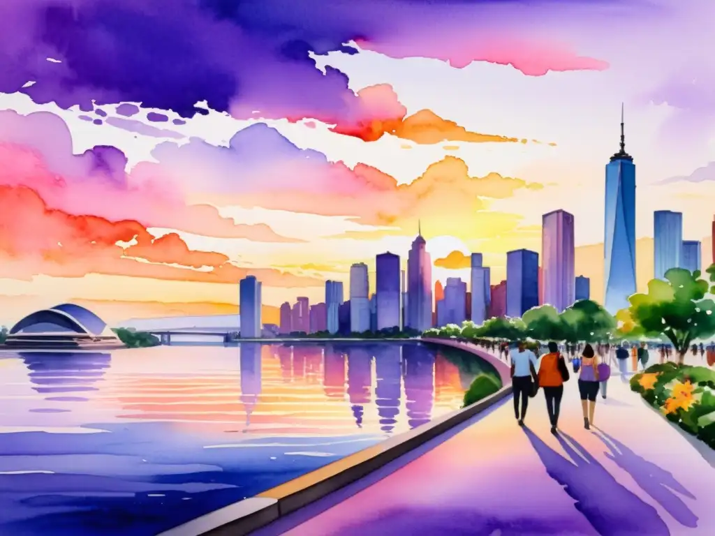 Un pintura al agua de un atardecer en la ciudad moderna, con tonos vibrantes de rosa, naranja y morado reflejados en los rascacielos