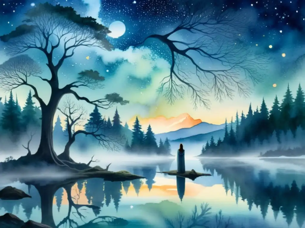 Una pintura al agua de un bosque sombrío al atardecer, con árboles retorcidos que se elevan hacia un cielo lleno de estrellas brillantes