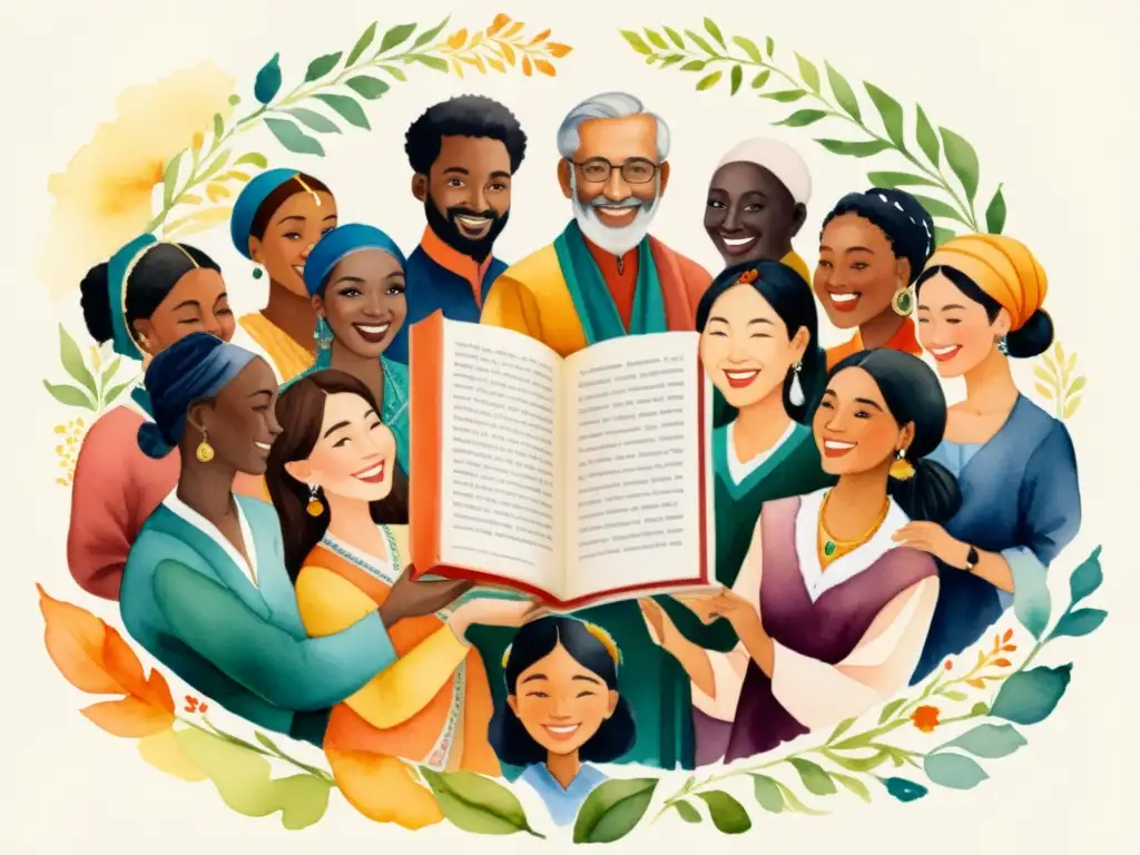 Círculo de Poesía: Acuarela detallada de diversidad cultural Una pintura al agua detallada de diversidad cultural y poesía contemporánea sin fronteras, donde personas comparten poemas en círculo
