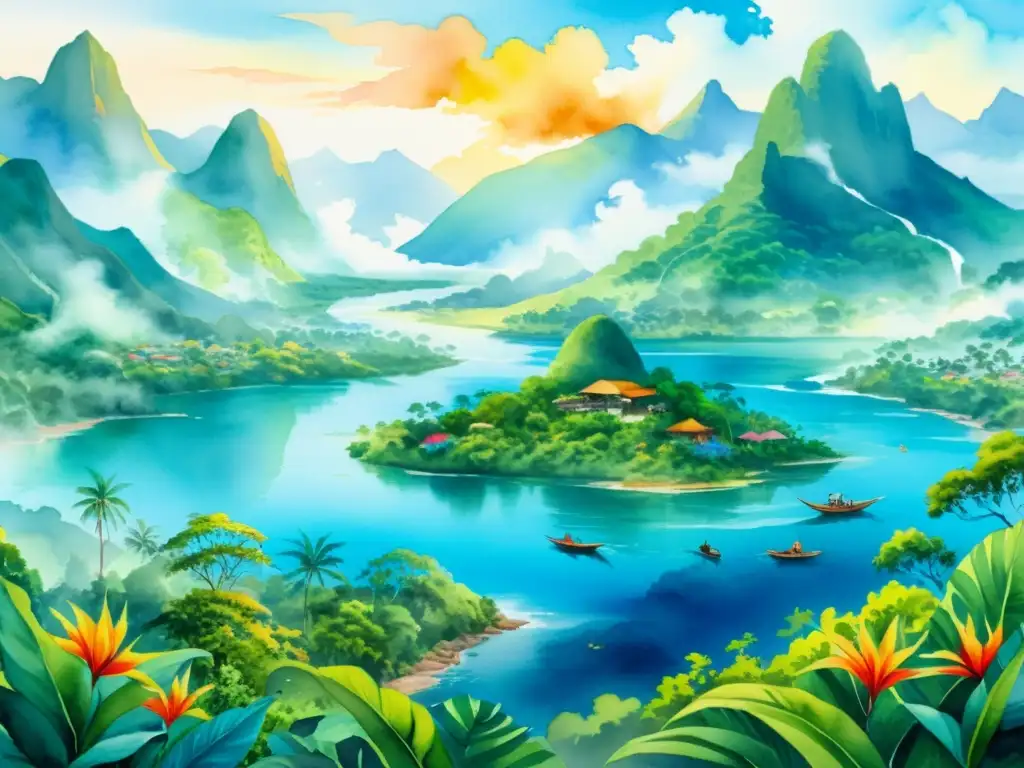 Una pintura al agua de una escena vibrante de la selva, con vegetación exuberante, flores tropicales coloridas y un río tranquilo