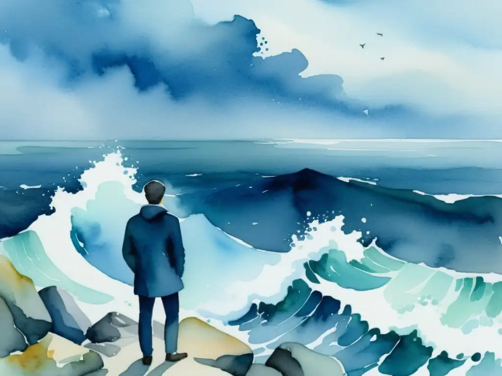 Una pintura al agua de una figura solitaria en un acantilado, contemplando un mar turbulento bajo un cielo sombrío