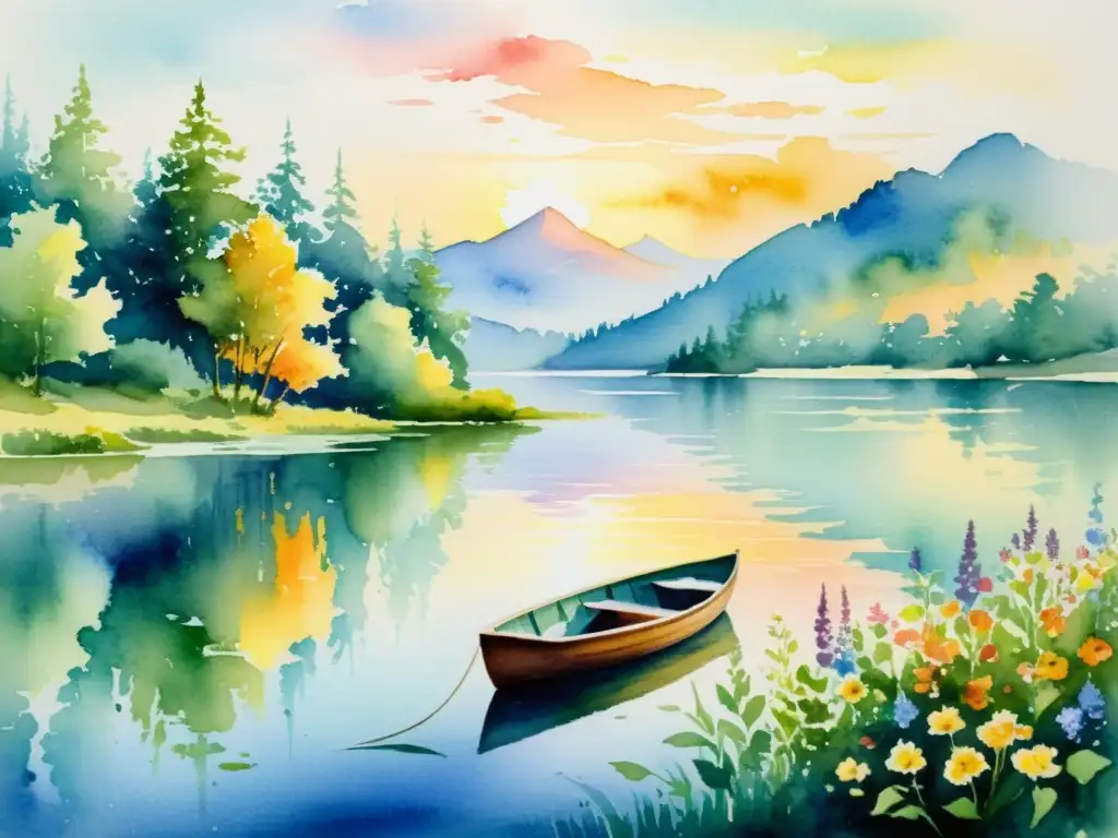 Una pintura al agua de un lago sereno rodeado de árboles y flores silvestres