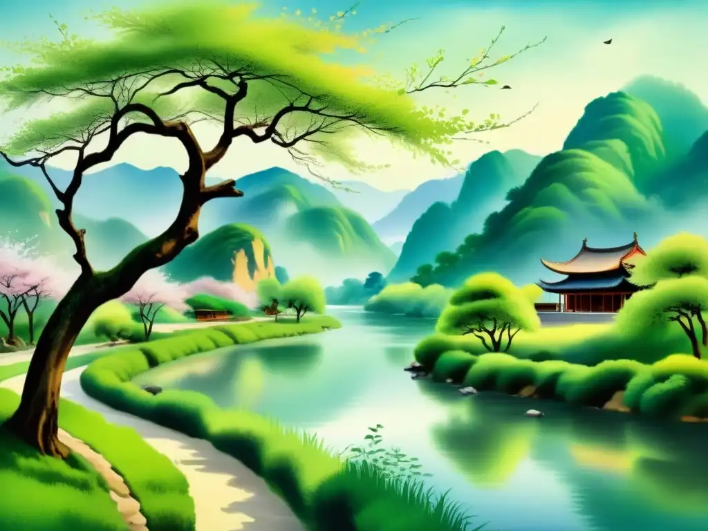 Una pintura al agua de un paisaje chino sereno durante la Dinastía Tang, con río, montañas, cerezos en flor y un solitario erudito bajo un sauce