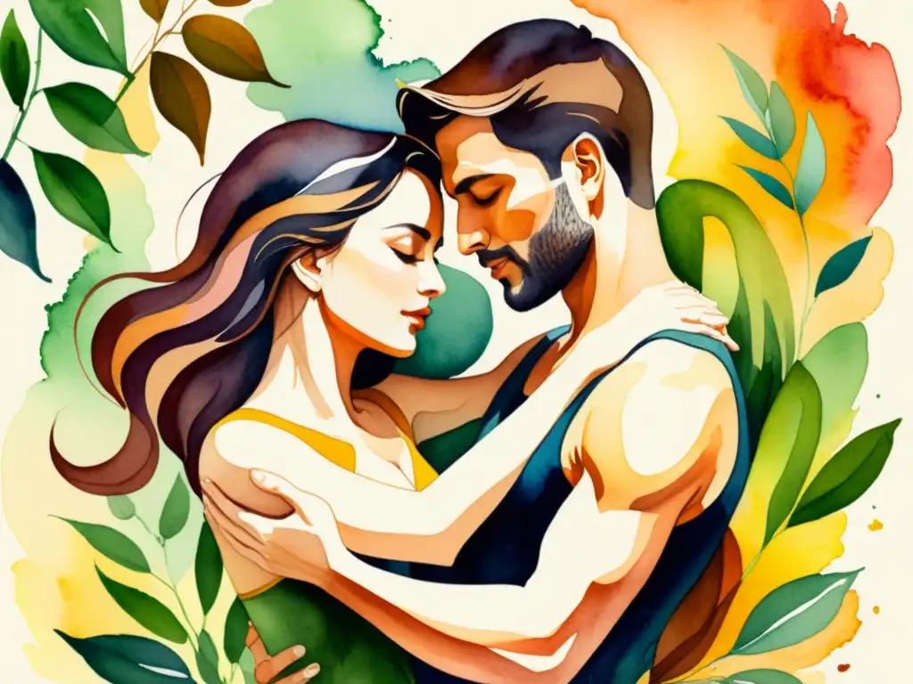 Una pintura al agua de una pareja entrelazada en un abrazo apasionado, rodeados de exuberante follaje