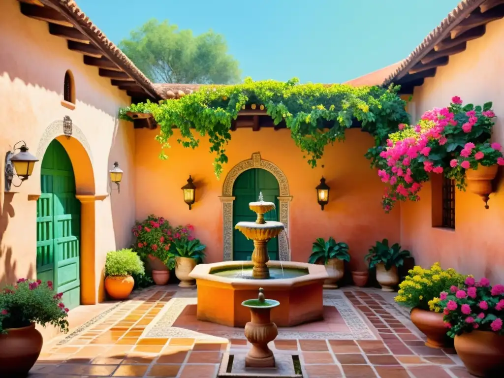 Una pintura al agua de un patio español con luz dorada, flores y una figura leyendo poesía iberoamericana