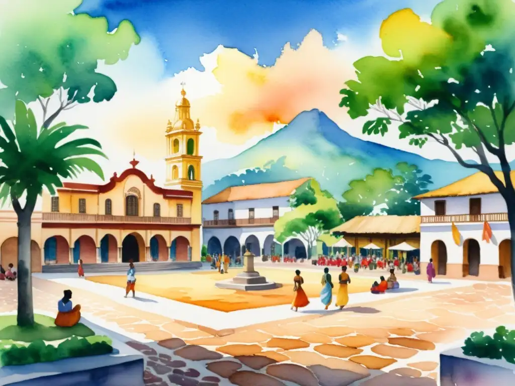 Plaza colonial: encuentro cultural bajo el sol dorado Una pintura al agua de una plaza colonial con exuberante vegetación, calles empedradas y arquitectura grandiosa