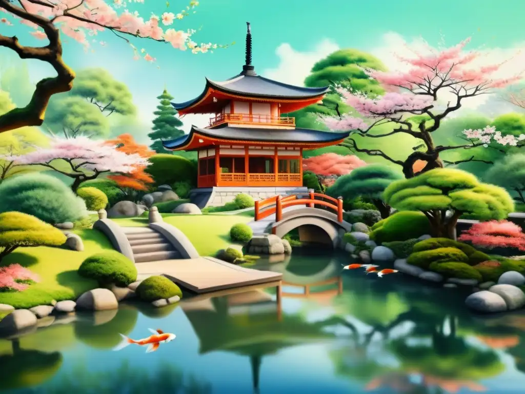 Pintura acuarela de un apacible jardín japonés con cerezos en flor, estanque de carpas koi y pagoda tradicional entre exuberante vegetación