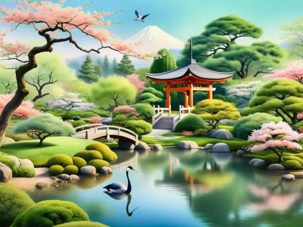 Pintura acuarela de un apacible jardín japonés con estanque, cerezos en flor y grulla