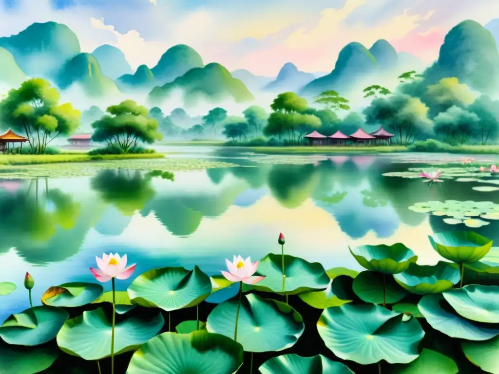 Pintura acuarela de un apacible paisaje vietnamita con un estanque de lotos, reflejando la poesía vietnamita de guerra y paz