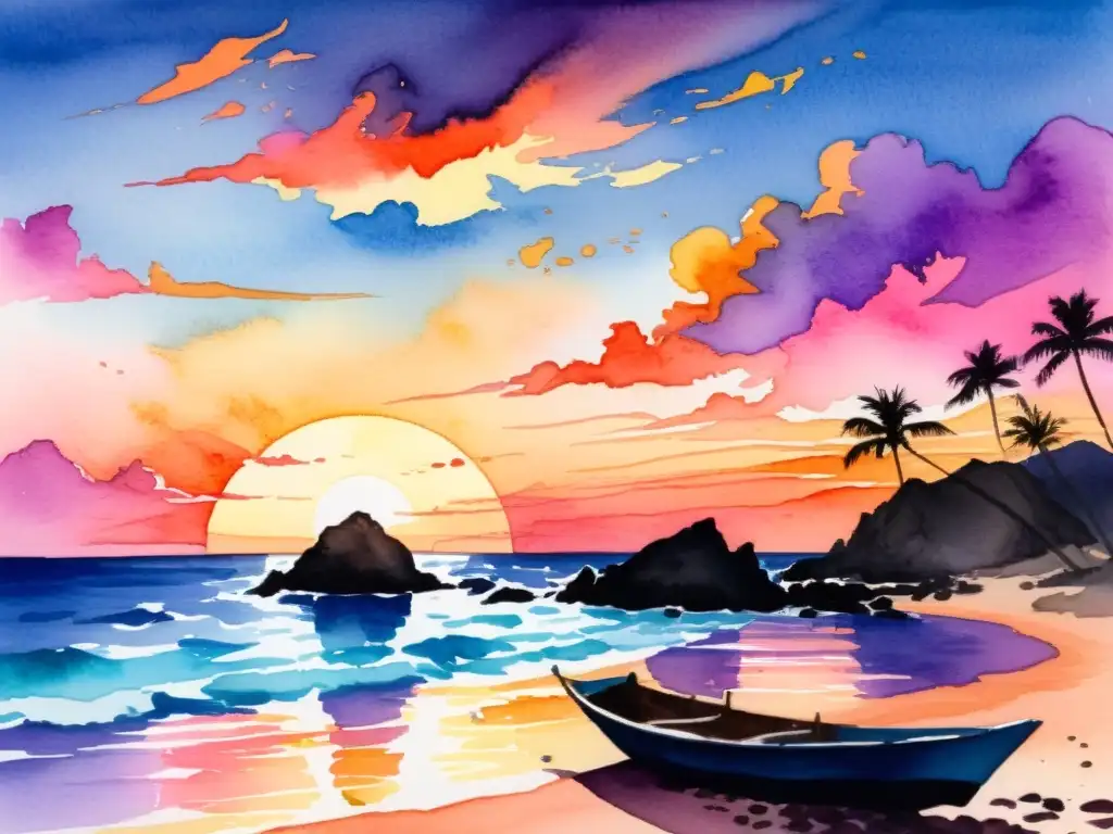 Pintura acuarela del atardecer en la costa de Cabo Verde, con colores vibrantes reflejados en el mar, palmeras y barcos tradicionales