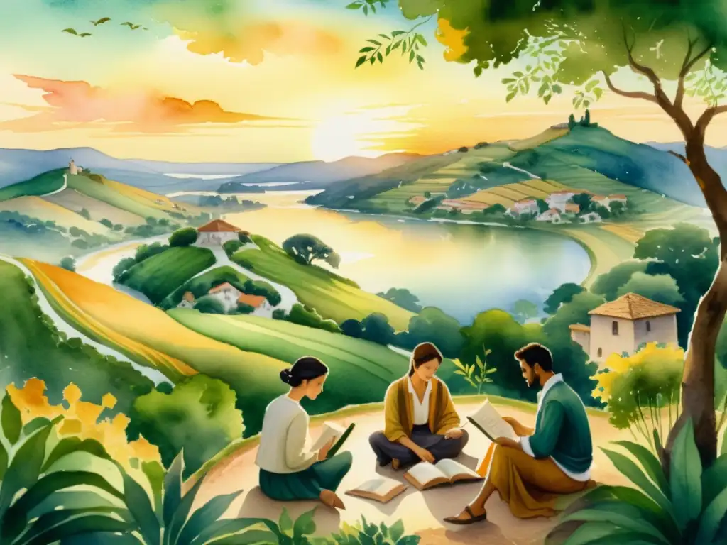 Pintura acuarela de atardecer dorado sobre campo tranquilo con río serpenteante y poetas del Siglo de Oro en apasionadas discusiones creativas