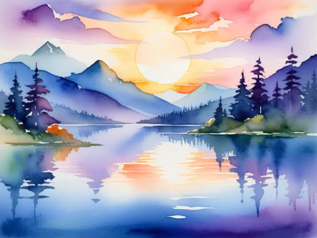 Pintura acuarela de un atardecer sobre un lago sereno, con cálidos tonos naranjas, rosados y morados que se mezclan con los azules y morados del agua