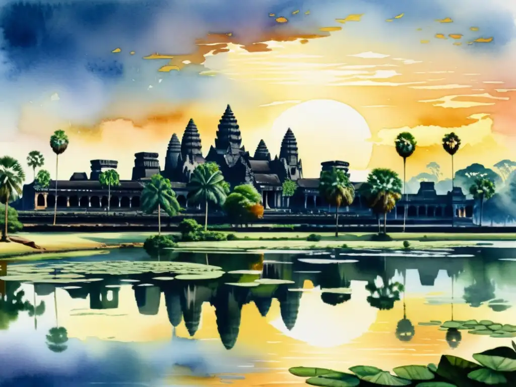 Pintura acuarela del amanecer en Angkor Wat Pintura acuarela del atardecer en Angkor Wat, reflejado en el lago