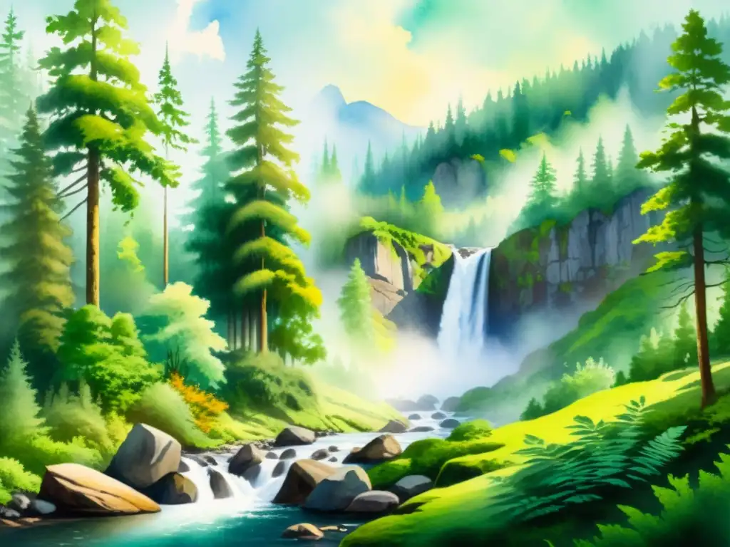 Una pintura de un bosque místico con cascada, reflejando encanto y poesía natural