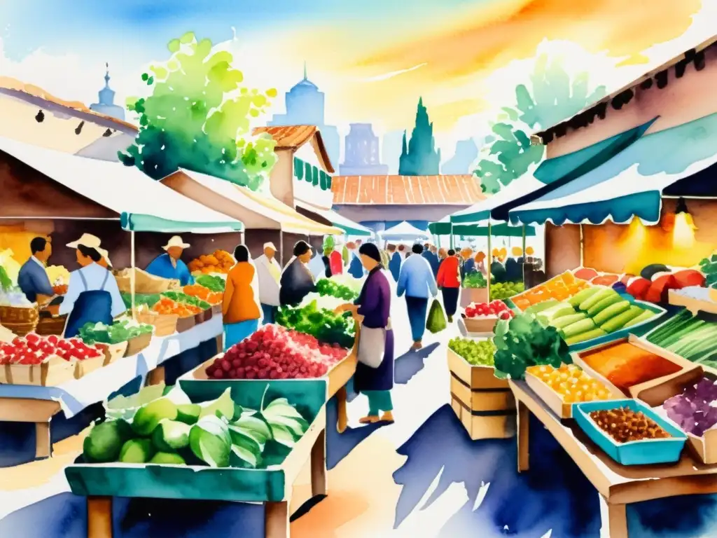 Pintura acuarela de un bullicioso mercado al aire libre con productos frescos, especias coloridas y hierbas aromáticas