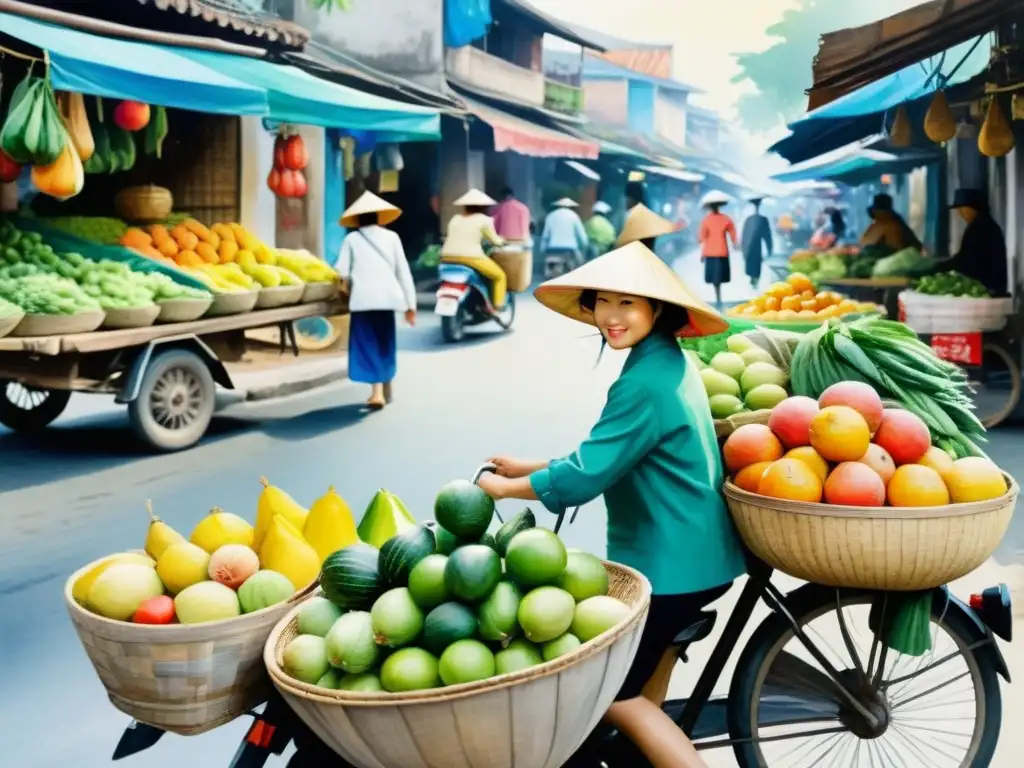 Pintura acuarela de un bullicioso mercado callejero vietnamita con vendedores y gente en sombreros cónicos