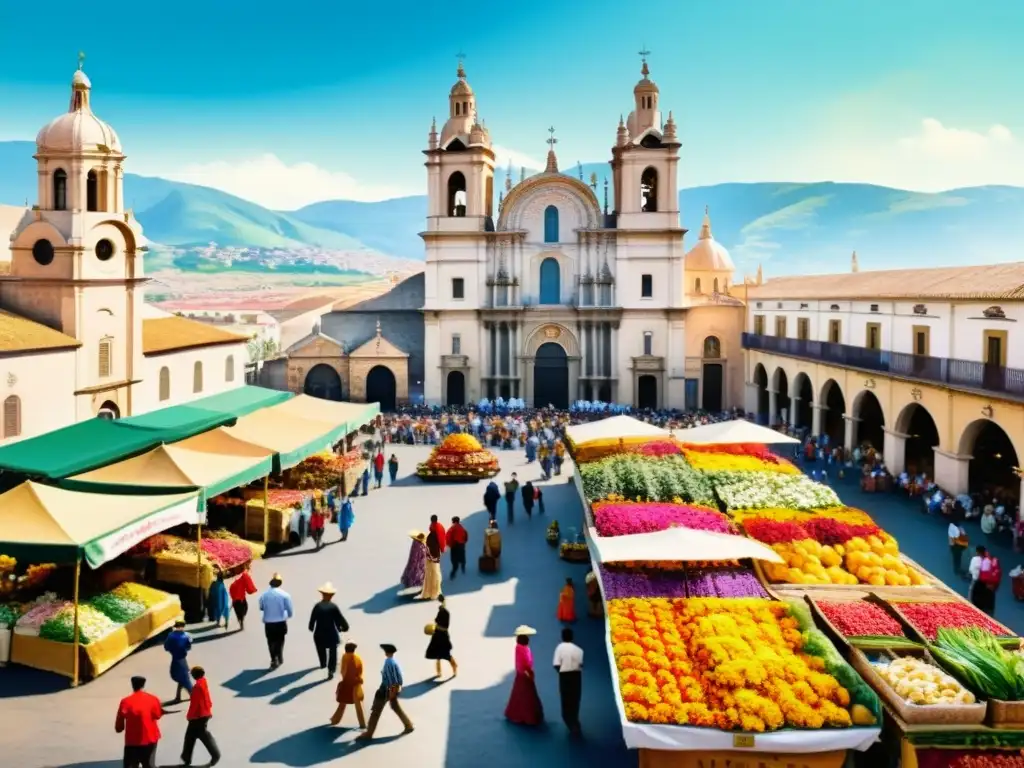 Pintura acuarela de un bullicioso mercado español durante el Siglo de Oro, resaltando la importancia de la poesía en la época