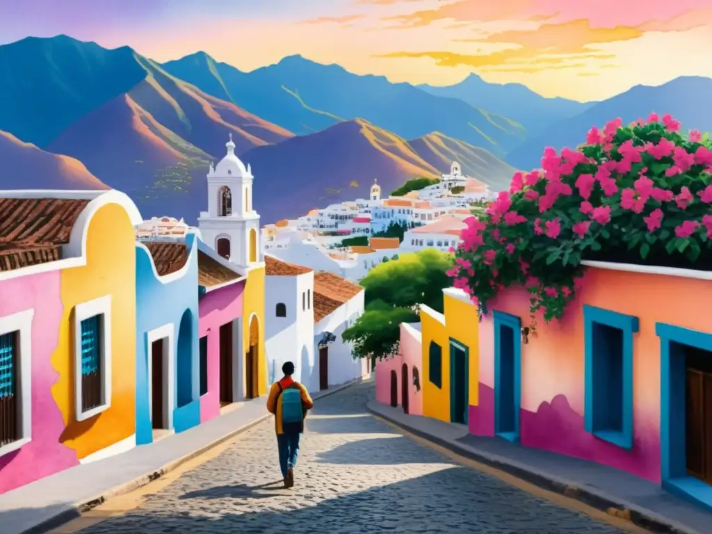 Pintura acuarela de una calle colonial, poeta solitario, bougainvilleas y montañas al atardecer