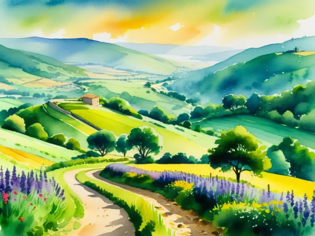 Pintura acuarela del Camino de Santiago, un sendero serpenteante entre exuberante naturaleza, poesía en el Camino de Santiago