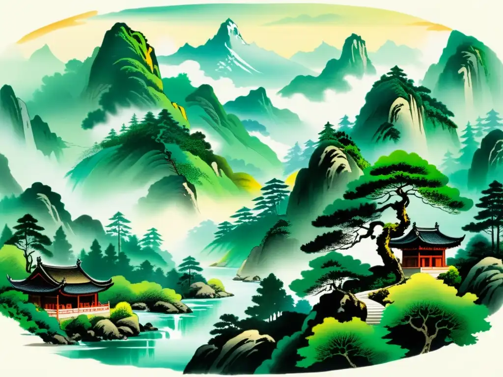 Una pintura china de montañas, ríos y pagodas entre pinos