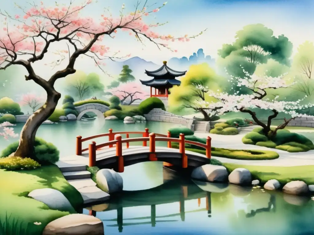 Pintura acuarela de un jardín chino tradicional con puente de piedra, poeta contemplando la naturaleza y árboles de cerezo en flor