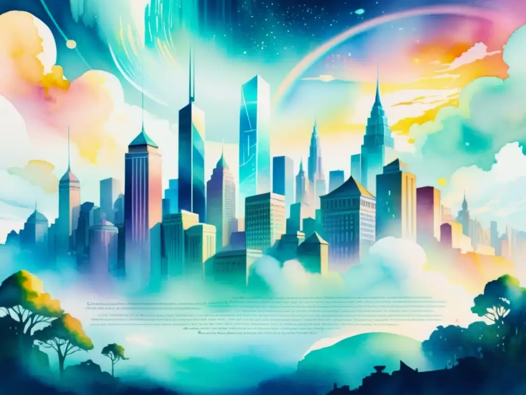 Pintura acuarela de una ciudad futurista con poesía holográfica flotando sobre edificios antiguos