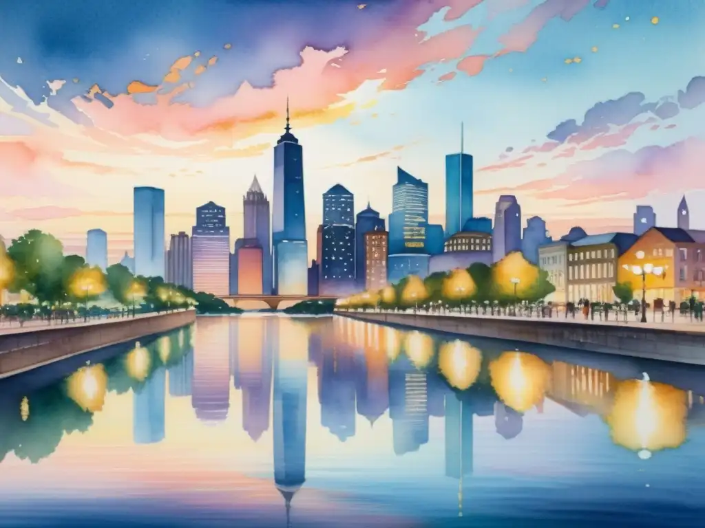 Pintura acuarela de una ciudad moderna al atardecer, reflejada en un río tranquilo