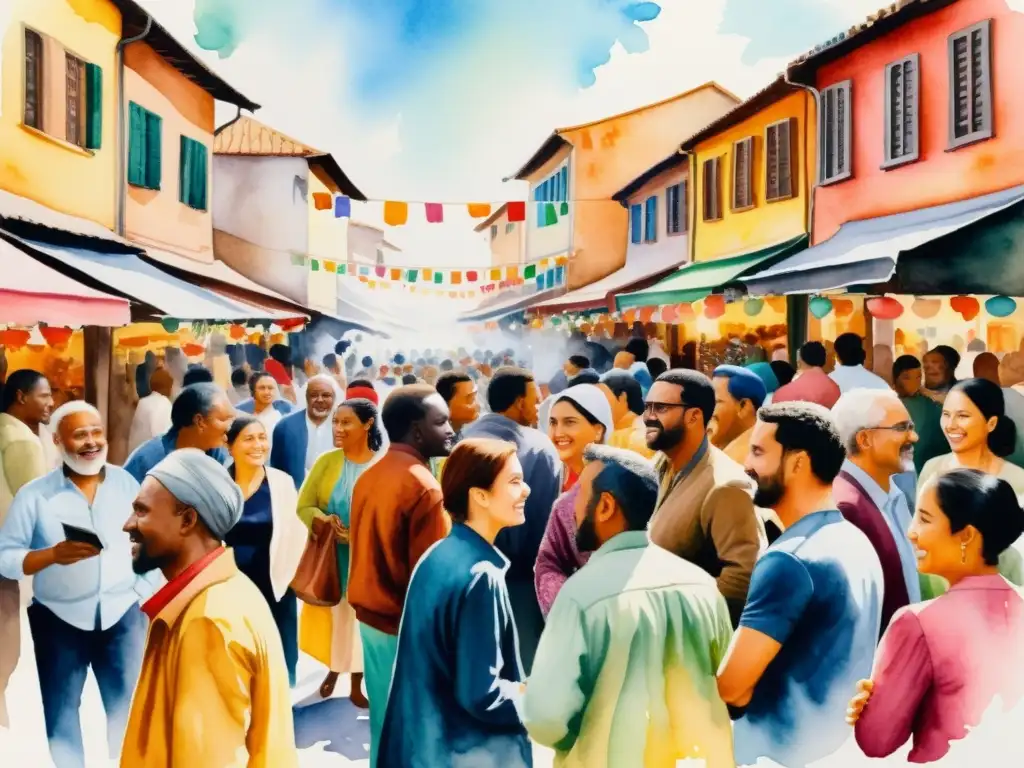 Una pintura acuarela en 8k de un concurso de poesía en diferentes idiomas en un bullicioso mercado, con una atmósfera vibrante y llena de color