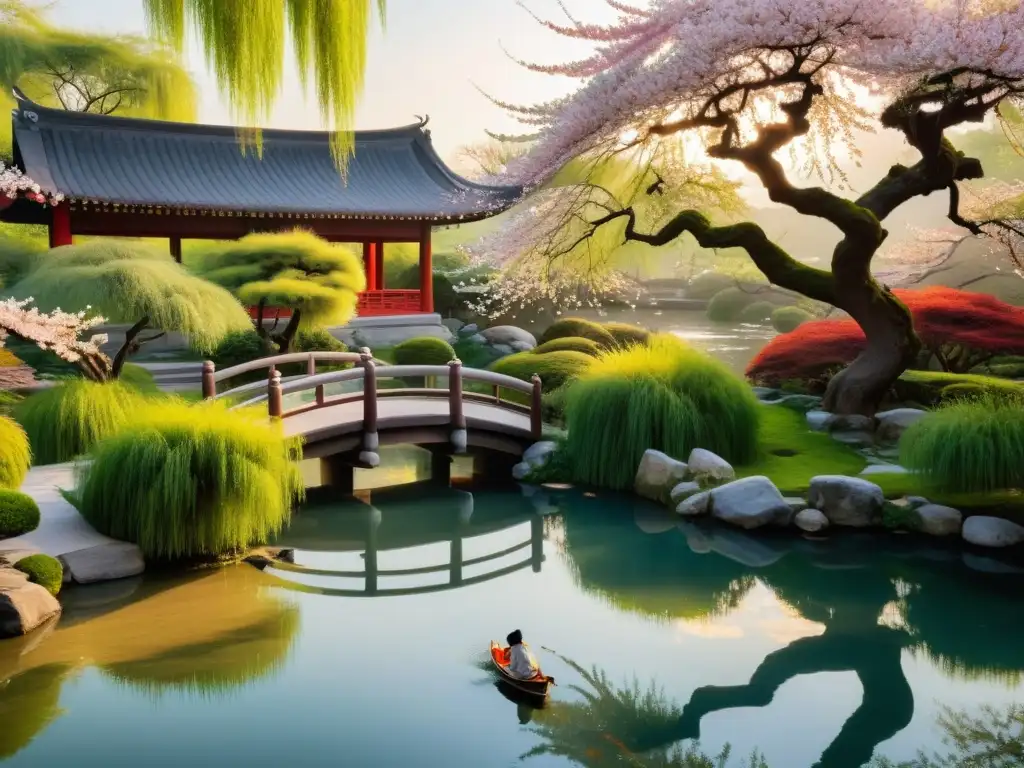 Una pintura delicada muestra un jardín chino tranquilo con poesía clásica china Li Bai, koi, cerezos y salmón al atardecer