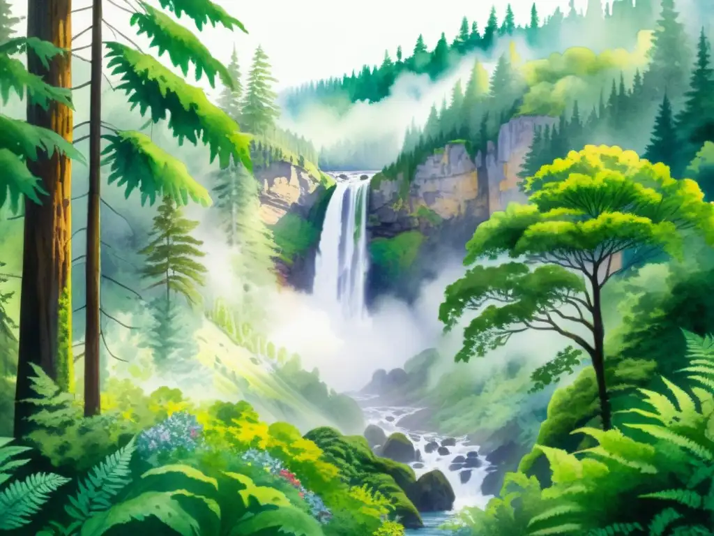 Una pintura acuarela deslumbrante de un exuberante bosque, con una cascada majestuosa