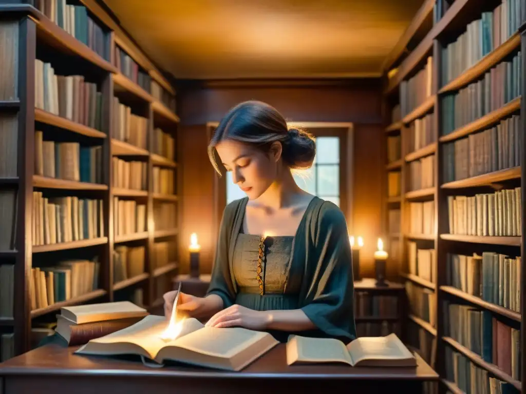 Una pintura detallada en acuarela 8k de una antigua biblioteca iluminada por velas, llena de libros olvidados