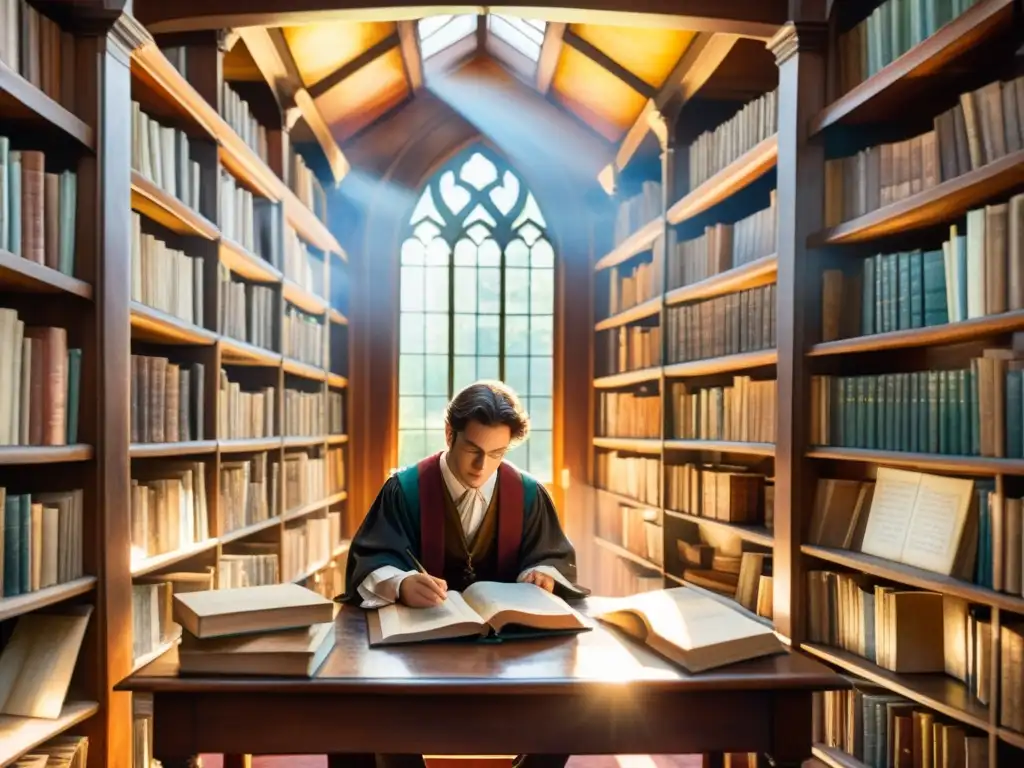 Una pintura detallada en acuarela de una antigua biblioteca, con estantes llenos de tomos encuadernados en cuero y pergaminos