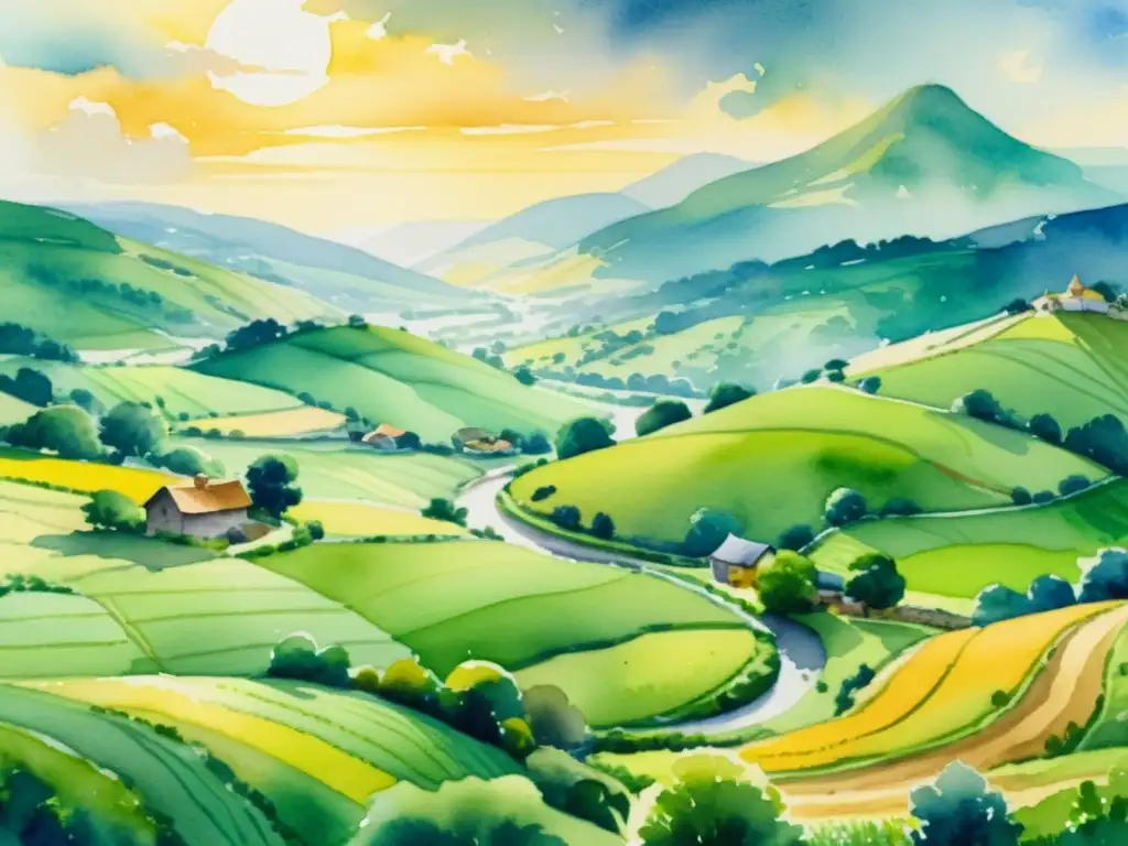 Una pintura detallada en acuarela de un apacible paisaje rural, inspirado en la poesía de Antonio Machado sobre la vida rural