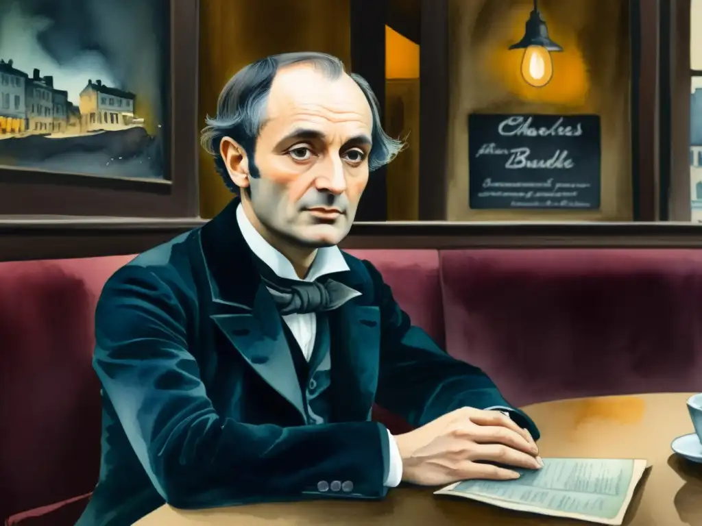 Una pintura detallada en acuarela de Charles Baudelaire en un café tenue, rodeado de misterio y decadencia