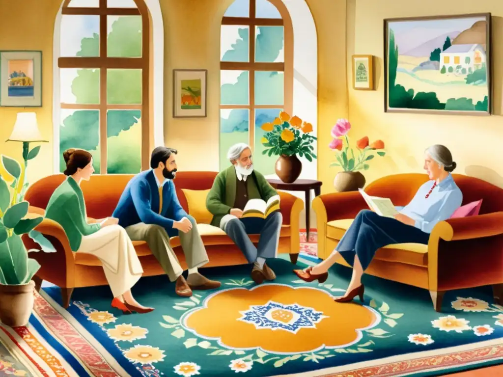 Pintura detallada en acuarela del Círculo de Bloomsbury, con miembros reunidos en una habitación acogedora llena de libros, discutiendo poesía y literatura