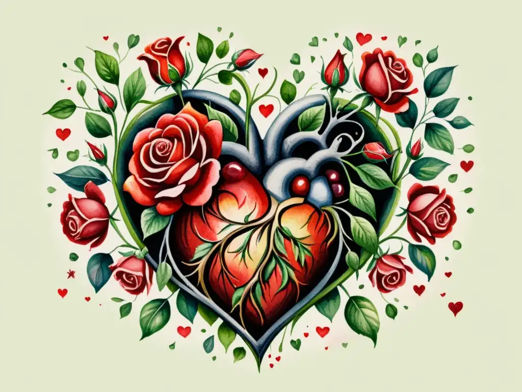 Una pintura detallada en acuarela de un corazón entrelazado con rosas rojas, simbolizando el amor en 'Cien Sonetos de Amor