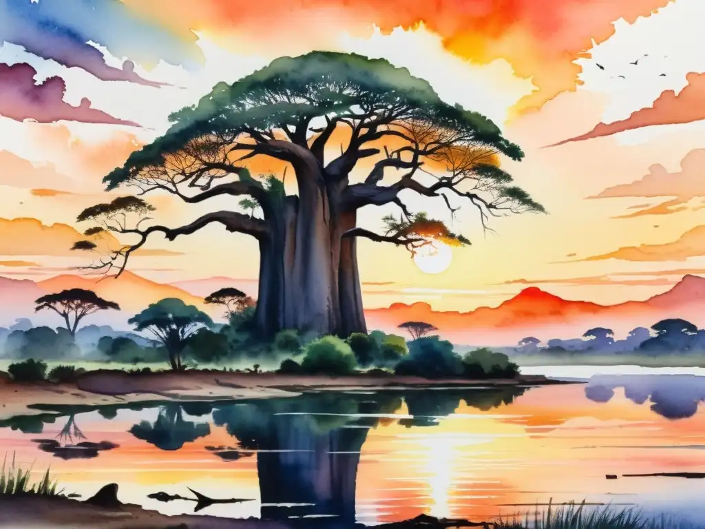 Pintura detallada en acuarela 8k de un paisaje africano sereno con un árbol baobab en silueta contra un vibrante atardecer