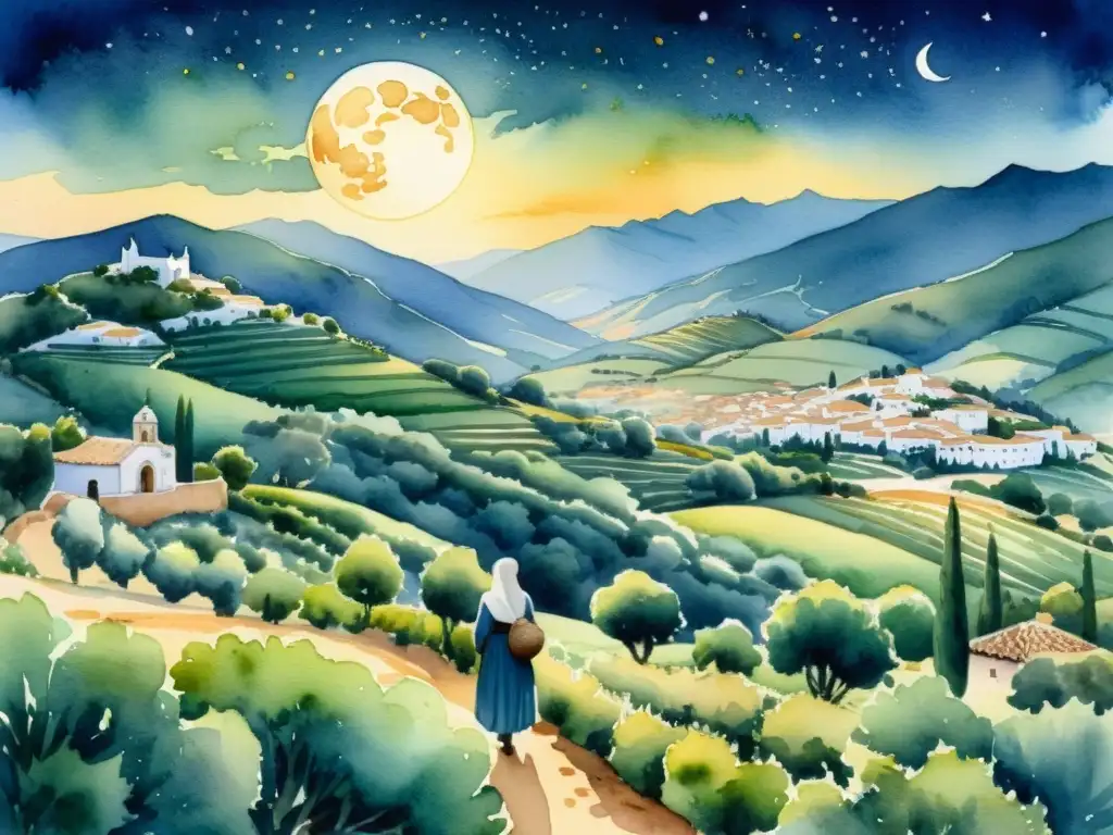 Una pintura detallada en acuarela de un paisaje andaluz iluminado por la luna