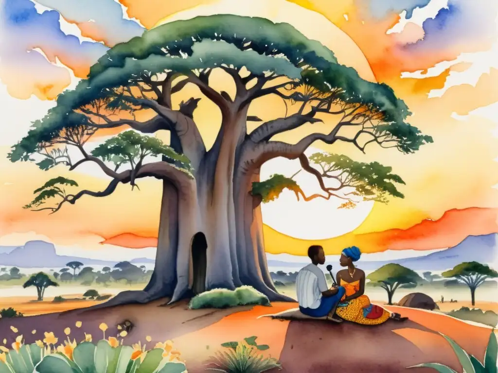 Una pintura detallada en acuarela muestra a una pareja bajo un baobab al atardecer en la sabana africana