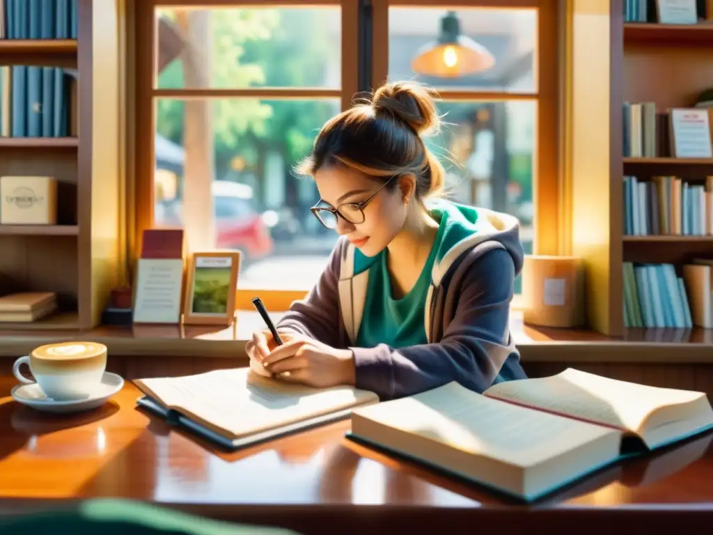 Pintura detallada en acuarela 8k de una persona escribiendo poesía en una aplicación móvil en una acogedora cafetería llena de libros