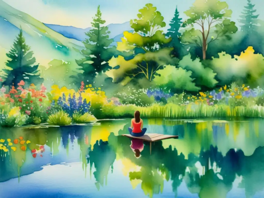 Una pintura detallada en acuarela de una persona junto a un lago tranquilo, rodeada de vegetación exuberante y flores silvestres coloridas