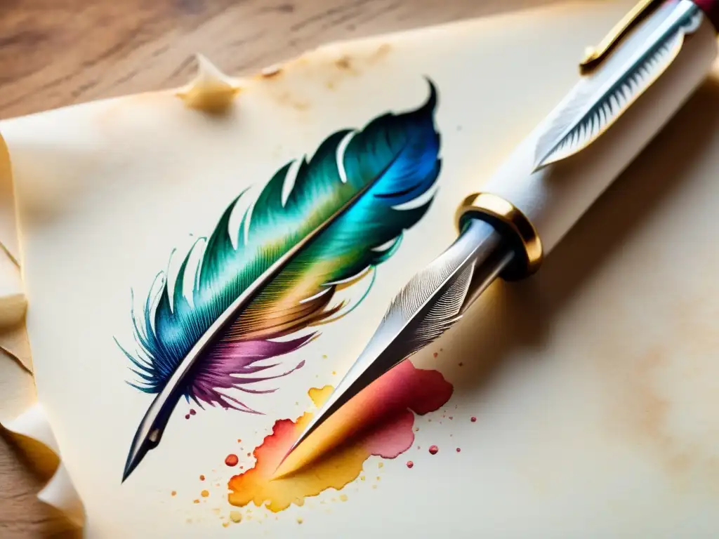 Una pintura detallada en acuarela de una pluma de escribir sobre un pergamino en blanco, rodeada de vibrantes colores