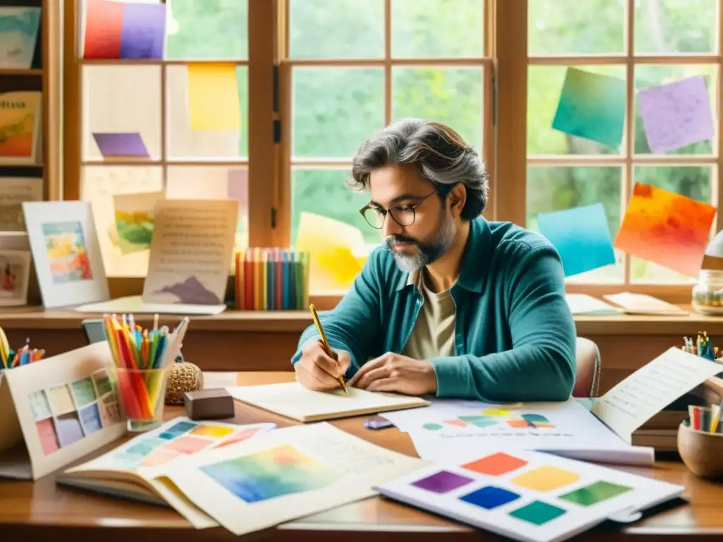 Una pintura detallada en acuarela de un poeta escribiendo rodeado de ilustraciones coloridas y suministros de arte, con luz natural cálida