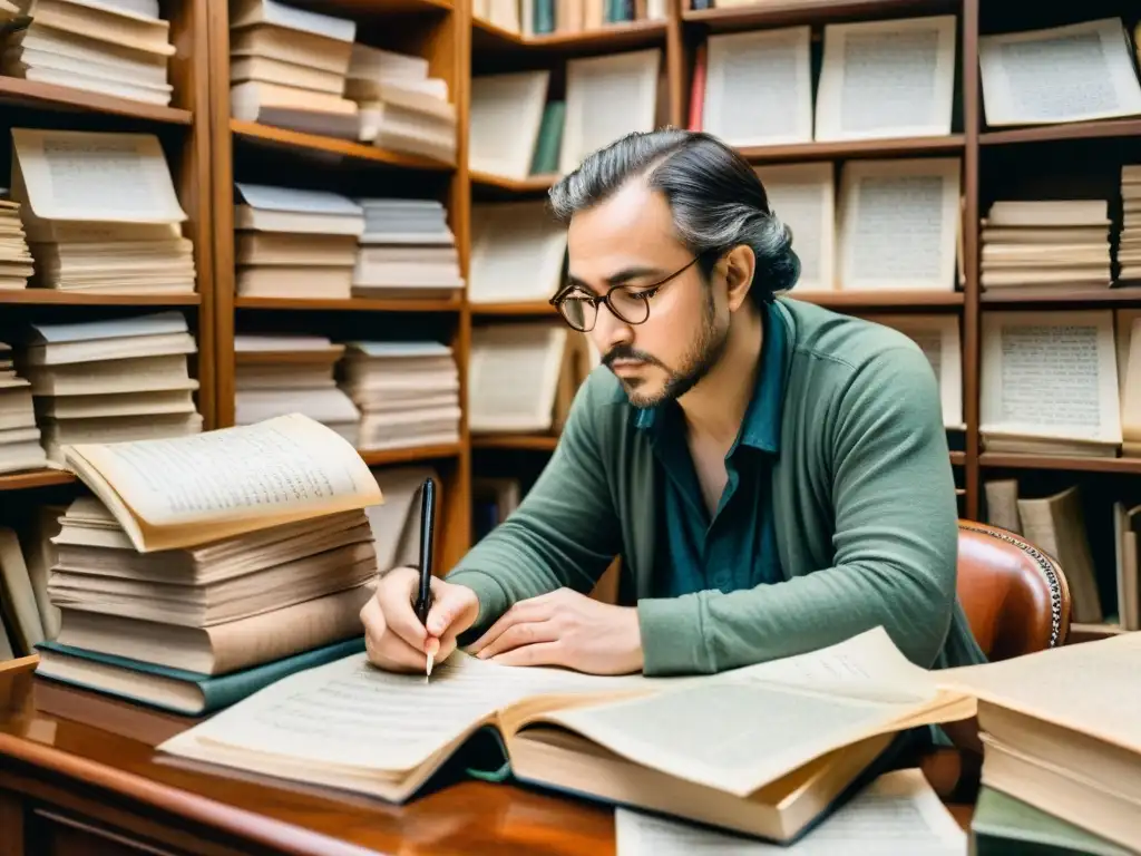 Una pintura detallada en acuarela de un poeta creando poesía contemporánea a través de la traducción, rodeado de libros y papeles escritos a mano