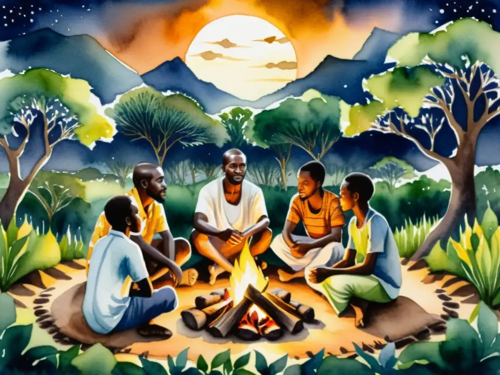 Una pintura detallada en acuarela de poetas africanos recitando versos alrededor de una fogata bajo la luna