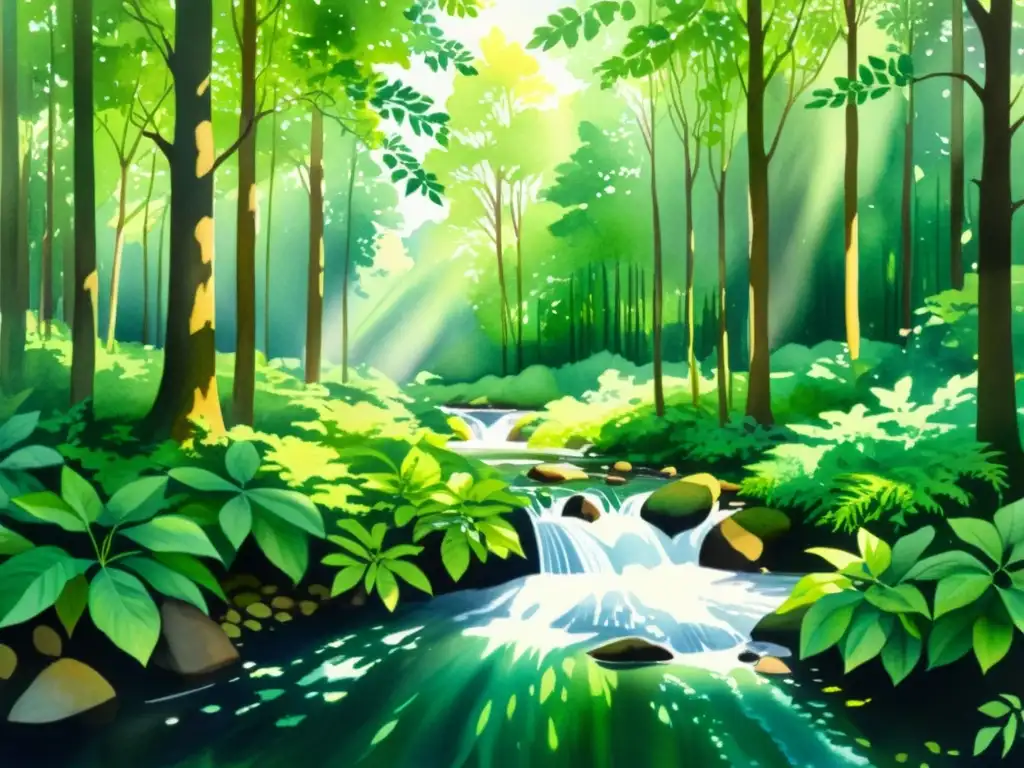 Bosque sereno: acuarela detallada captura la belleza natural Una pintura detallada en acuarela de un sereno bosque, con luz filtrándose a través del frondoso dosel, creando sombras moteadas en el suelo